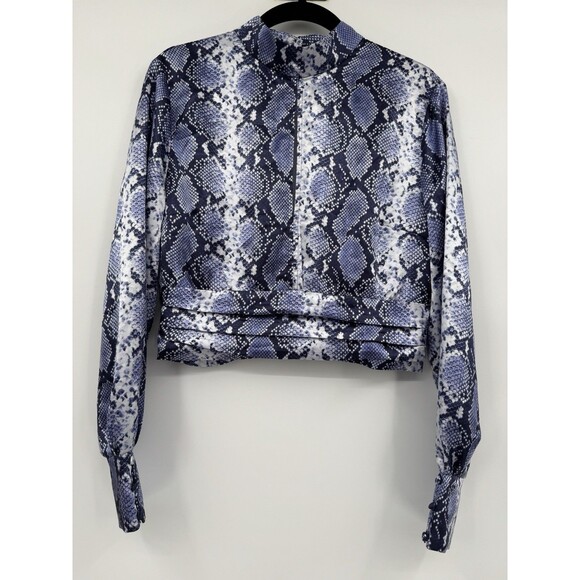 Topshop Python Snake Print Satin Crop Top Navy Mock Neck Long Sleeve Chic Blouse - Picture 2 of 11